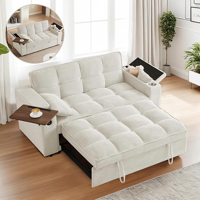 Rovibek 65'' Convertible Sleeper Sofa Bed, 3-in-1 Pull Out Couch with 360° Swivel Side Table, Adjustable Backrest, Loveseat Sleeper with Charging Port | Side Pocket | Cup Holders, White