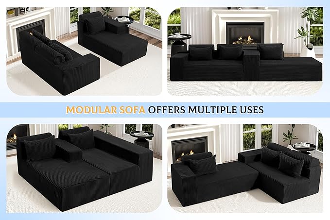 Homguava Modular Sectional Couches for Living Room,105" Cloud Couch with L-Shape Chaise,Comfy Sofa Living Room Sofas with Deep Seat,No Assembly L Couch,Corduroy Fabric(Black,R)