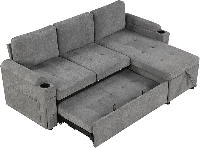 Eafurn 83.5" Sleeper Sectional Sofa with Pull Out Couch Bed, Convertible L-Shaped Sofa with Storage Chaise, Quick Assemble Sleeper Corner Sofa with Cup Holders & USB Ports