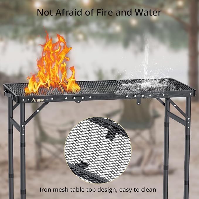 Anbte Folding Grill Table, 3ft Tri-Fold Aluminum Folding Table Adjustable Height Max 27.5" Grill Table with Mesh Desktop, Lightweight, Portable Handle for Outdoor Cooking BBQ Picnic (Black) - Image 4