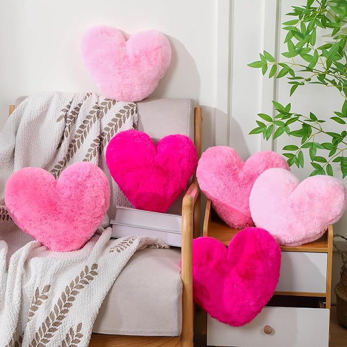Liliful 6 Pcs Faux Rabbit Fur Heart Pillows Fluffy Heart Throw Pillows Cute Couch Cushion Soft Decorative Throw Cushion for Bed Sofa Girls Women(12 x 11 Inch,Lively Color)