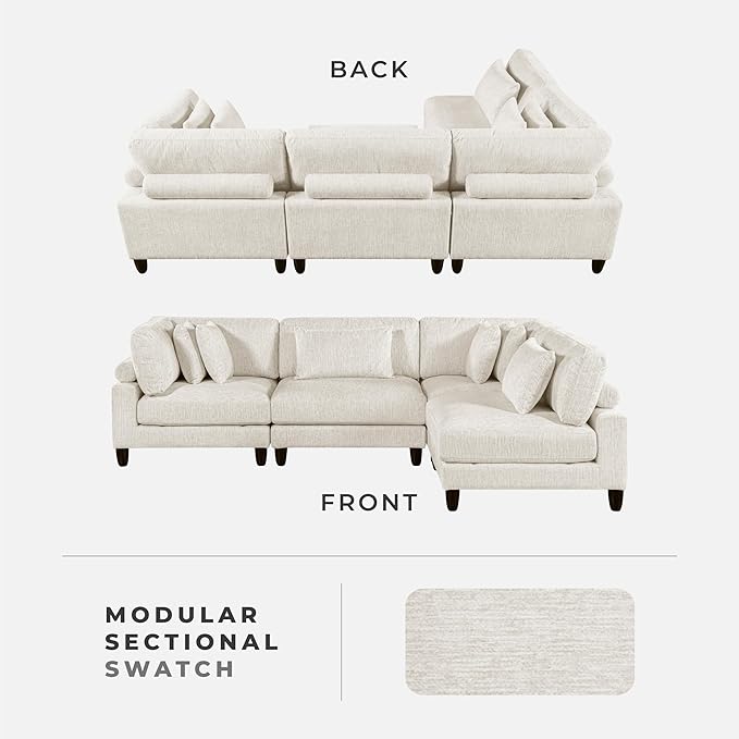 Lexicon 120 Inch Modular Sectional Sofa - Oversized 4 Seater Microfiber L Shaped Sectional Couch, 6 Accent Pillows, and Flexible Arrangement for Modern Living Rooms, Beige