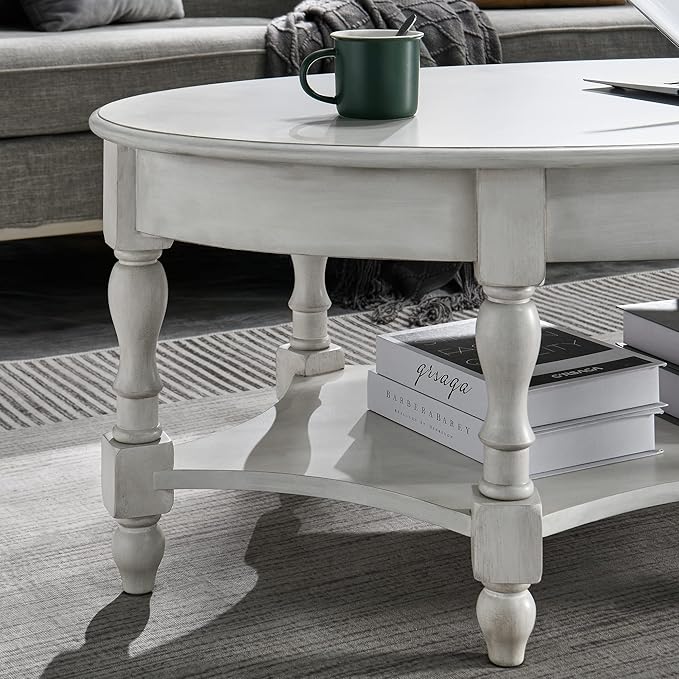 Solid Wood Oval Coffee Table with Drawer and Storage Shelf, 44.9" Traditional Retro Center Table Polished Edging Cocktail Tea Table for Living Room Bedroom Home, Antique White