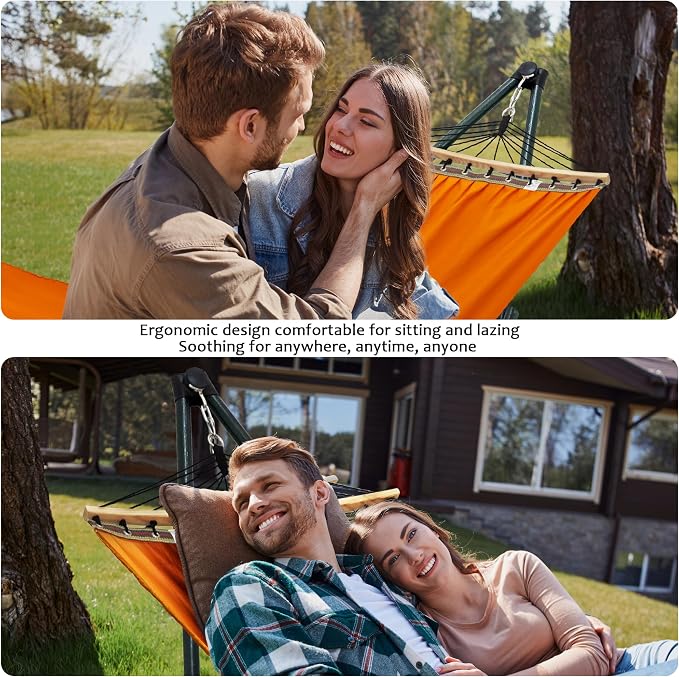 Tranquillo Sturdy Steel Hammock with Stand Premium Cotton Canvas Hammock, 600 lbs Capacity Hammock Stand Folding, Portable 30-Second Fold Unfold Hammock for Camping, Orange - Image 5