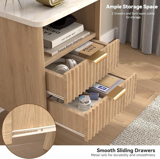 Fluted Nightstand Set of 2, Mid Century Modern Wood Bedside Table with 2 Drawers and Faux Marble Top, Natural Oak End Tables for Bedroom or Living Room, 18.9 x 18.9 x 25.2in - Image 4