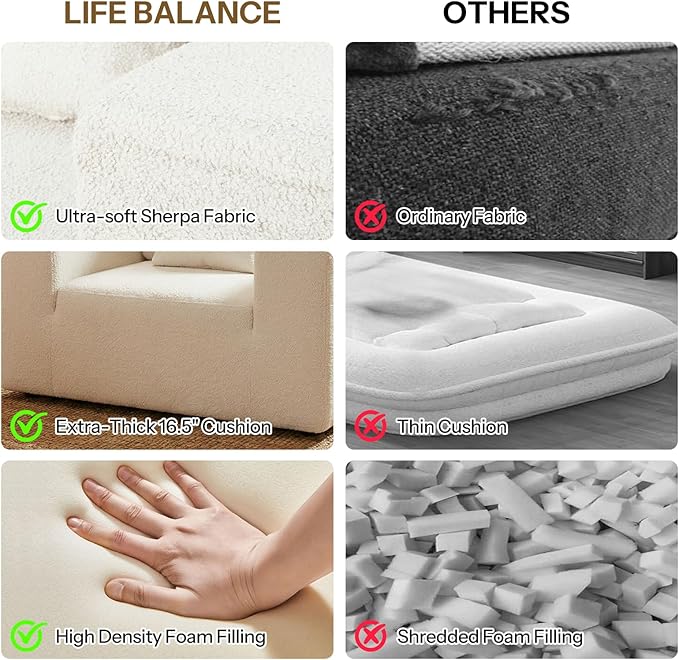 Life Balance Modular Sectional Sofa for Living Room, Modular Design Easy to Assemble, Cloud Soft Fabric, White (Sherpa Fabric)