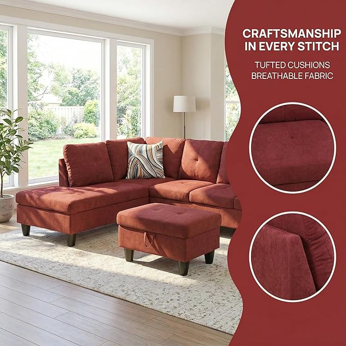 NicBex Modular L-Shaped Sectional Couches, 3-Piece Convertible Couch with Storage Ottoman, 4-Seat Comfy Sofa with Chaise for Living Room & Apartment, Red