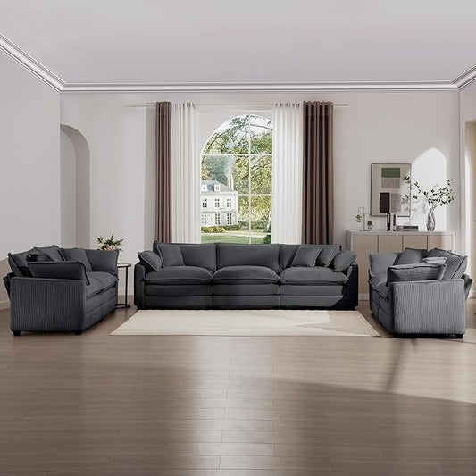 KEIKI 3-Piece Sofa Set with 1 Oversized Corduroy 3-Seater Sofa & 2 Loveseat Sofa, Upholstered 7-Seater Couch Set with 13 Pillow, High-Density Foam Cushions, Removable Armrests, for Living Room, Grey