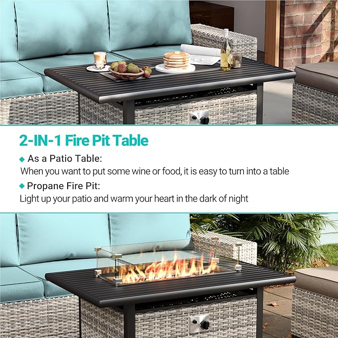 15-Piece Outdoor Patio Furniture Set with 55,000 BTU Fire Pit Table, PE Wicker Rattan Sectional Sofa Conversation Set - All-Weather Garden, Backyard Furniture, Light Blue