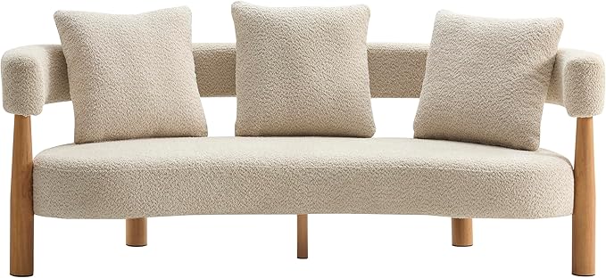 Christopher Knight Home Yulez Curved 3-Seater Sofa Couch with 3 Accent Pillows, Boucle Fabric Upholstered Lounge Seating, 76.5'' Home Office Bedroom Sofa Chair, Comfy Wooden Frame Sofa, Sesame Beige