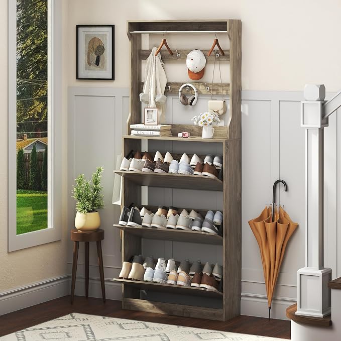 Shoe Cabinet for Entryway with 3 Flip Drawers, Grey Tall Wood Shoe Storage Cabinet with Coat Rack, Narrow Hidden Slim Freestanding Shoe Rack Organizer, 2 in 1 Hall Tree for Living Room, Hallway by Xixini