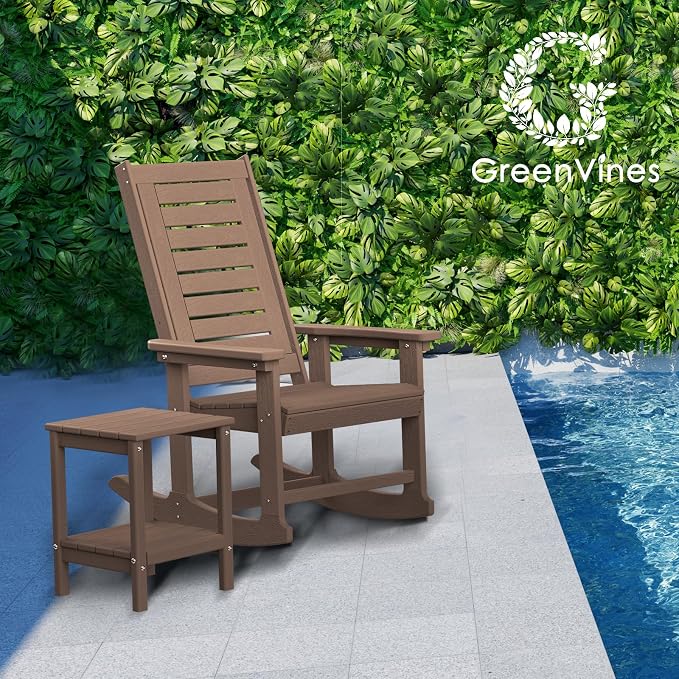 GREENVINES Outdoor Rocking Chairs | Set of 4 | Porch Rocker | HDPE Plastic | Wood Grain | Oversized Rockers | High Back | Big & Tall | Ladder Back | Dark Brown | for Patio Outside - Image 4