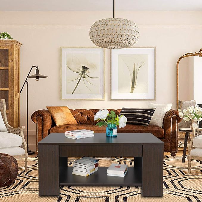 SUPER DEAL Modern Lift Top Coffee Table w/Hidden Compartment and Storage Shelves Pop-Up Storage Cocktail Table for Living Room Reception Room