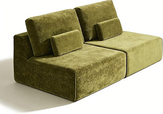 Modular Sectional Sofa, 2-Piece Green Plush Velvet Loveseat Couch, No-Assembly Compressed Deep-Seat 2-Seat for Bedrooms Living Rooms Reading Nooks