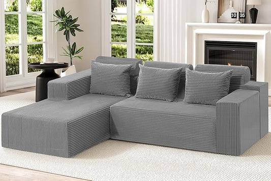 Homguava Modular Sectional Couches for Living Room,105" Cloud Couch with L-Shape Chaise,Comfy Sofa Living Room Sofas with Deep Seat,No Assembly L Couch,Corduroy Fabric(Light Grey,L)