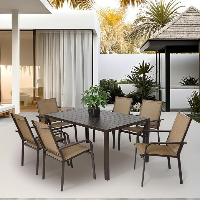 7 Piece Patio Dining Set for 6, 6 Stackable Textilene Chairs and 1 Dining Table Outdoor Furniture Set, Brown by Villeston