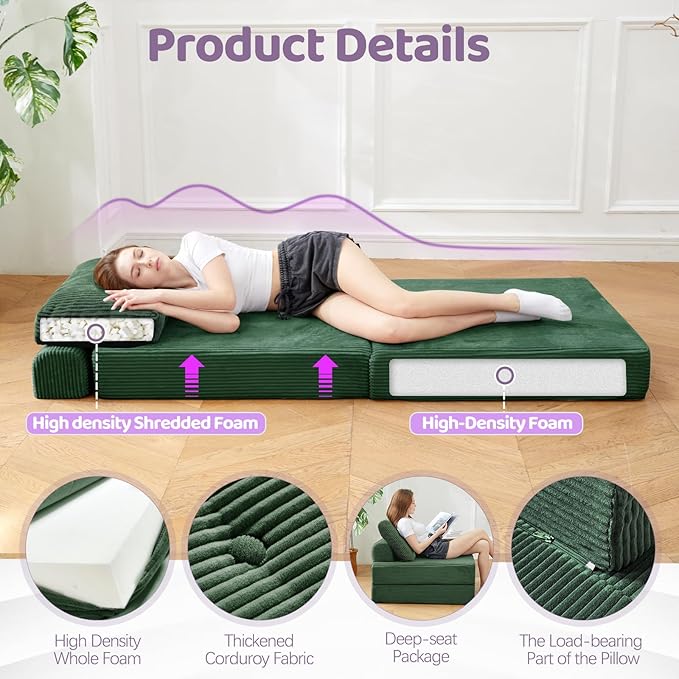 Folding Sofa Bed,3-in-1 Convertible Sleeper Chair Corduroy High-Density Foam with Pillow,Fold Out Chair Bed,Foldable Single Futon Chair for Living Room、Hotel,Single, Emerald Green