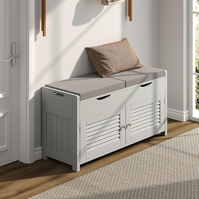 ChooChoo Shoe Storage Bench with Lift Top Storage, Entryway Bench with 2 Cushioned Seats, 3 Compartments, Adjustable Shelf, Shoe Cabinet for Entryway, Bedroom, Living Room, Grey by ChooChoo
