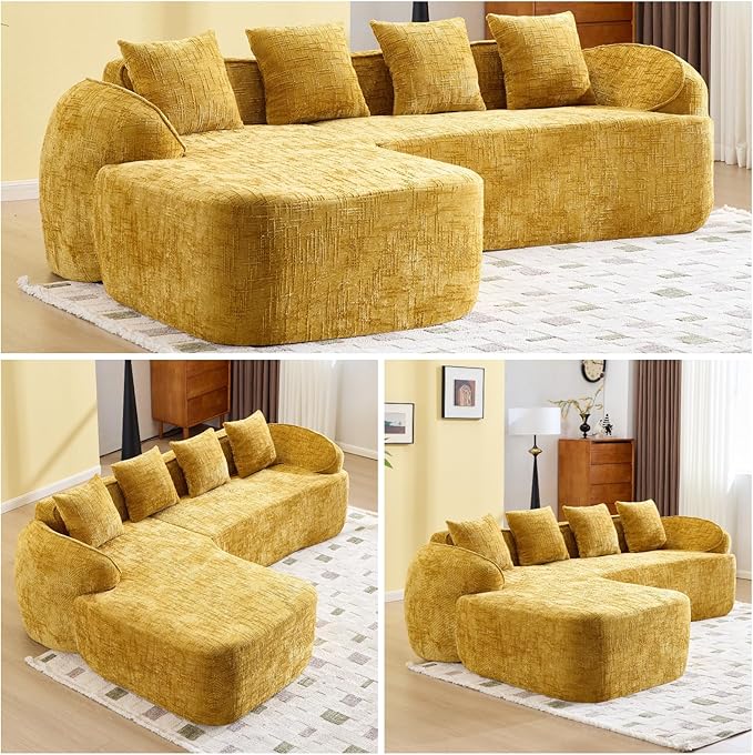 L Shaped Compression Sofa, Modular Couch with Curved Armrests & 4 Coordinating Pillows, Modern 101'' Chenille 4 Seater Sofa with Wide Seat for Living Room, Bedroom, No Assembly, Yellow