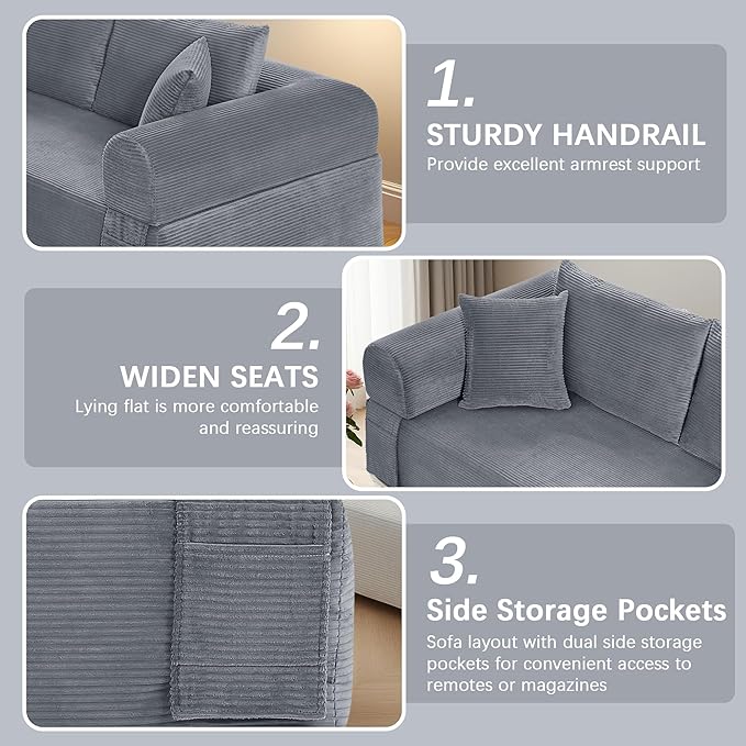 83" Modern Sofa in a Box, No Assembly Oversized 3 Seater 28" Deep Seat Cloud Sofa Bed Couch with 4 Furry Pillows & Corduroy Fabric, Boneless Couch with Side Storage Pockets for Living Room, Dark Grey