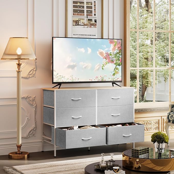 WLIVE Dresser for Bedroom with 6 Drawers, Wide Dresser TV Stand for 50 Inches TV with Metal Frame, Wooden Top, Chest of Drawers, Fabric Dresser for Living Room, Hallway, Light Grey - Image 2