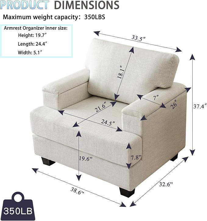 Oversized Living Room Chairs Set of 2,Comfy Accent Chair with Armrest Organizer,Upholstered Linen Fabric Armchair Thick Cushion,Big Reading Chair,Sofa Chair for Bedroom
