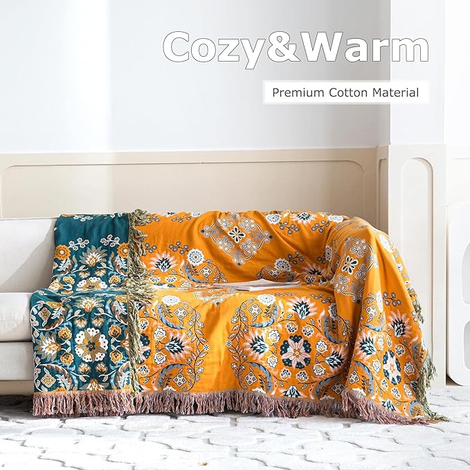 Boho Throw Blanket for Bed 100% Cotton Soft Lightweight Quilt Floral Embroidery Home Decor Spring Breathable Bed Blanket,80"x90" All Season Reversible Yellow Blankets for Sofa Couch Chair