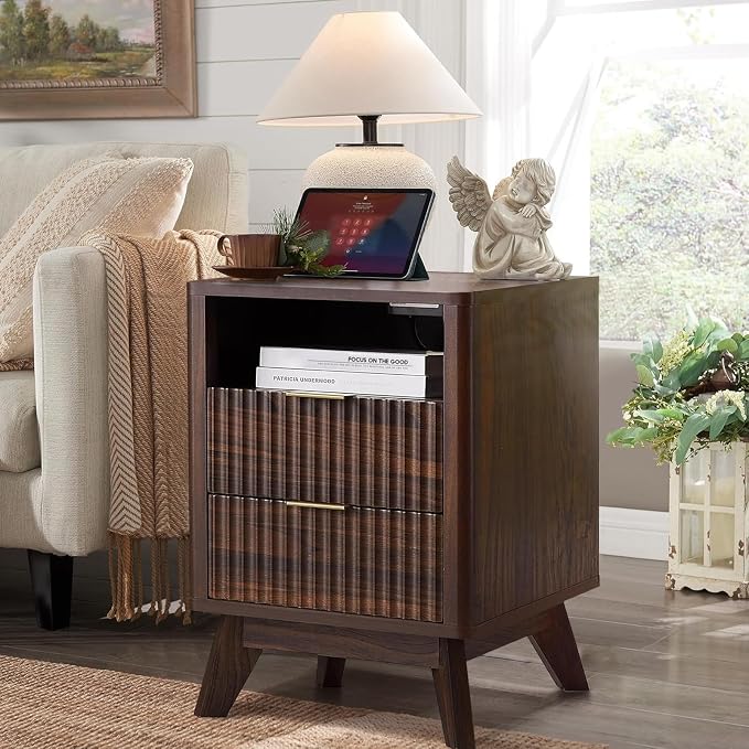 Fluted Nightstand - 24" Modern Bedside Table w/ 2 Drawers, Wood Bed Side End Table with Open Shelf, Night Stand with Storage Drawer, Curved Design Night Stands for Bedroom Living Room (Walnut) - Image 3