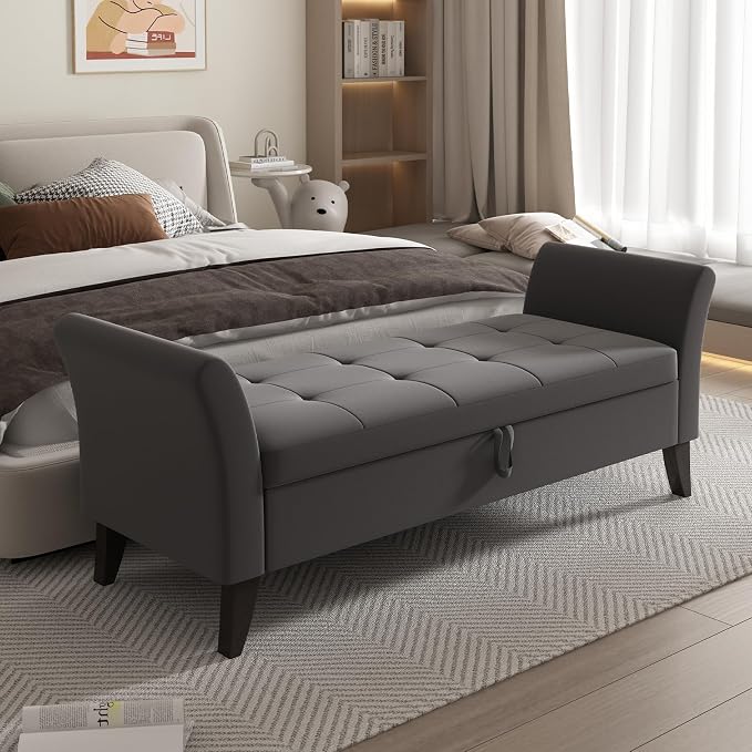 Furniliving 51” Bedroom Bench, End of Bed Bench with Button-Tufted Large Upholstered Storage Bench Ottoman Velvet Window Bench with Storage Shoe Cabinet Bench, for Bedroom, Entryway, Closet, Grey - Image 8