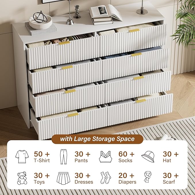 Furniway White Dresser Bedroom Set 3 Pieces, Nightstands Sets of 2, 8 Drawer Dresser with Gold Handles for Bedroom