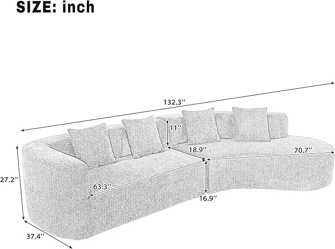 Merax Modern Minimalist Large 2-Piece Sectional Curved Chenille Sofa with 3 Pillows and High-Density Foam for Luxurious Comfort and Seamless, for Living Room, Bedroom, Blue