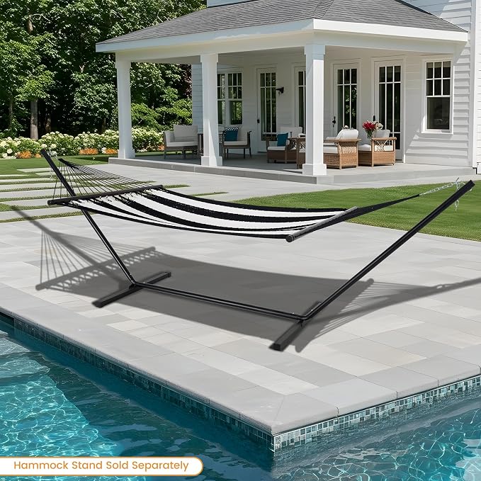 Lazy Daze Hammocks 10.5 FT Double 2 Person Caribbean Rope Hammock, Hand Woven Polyester Hammock with Spreader Bars, for Outside Outdoor Backyard Patio Poolside, 450 LBS Capacity, Black/White - Image 9