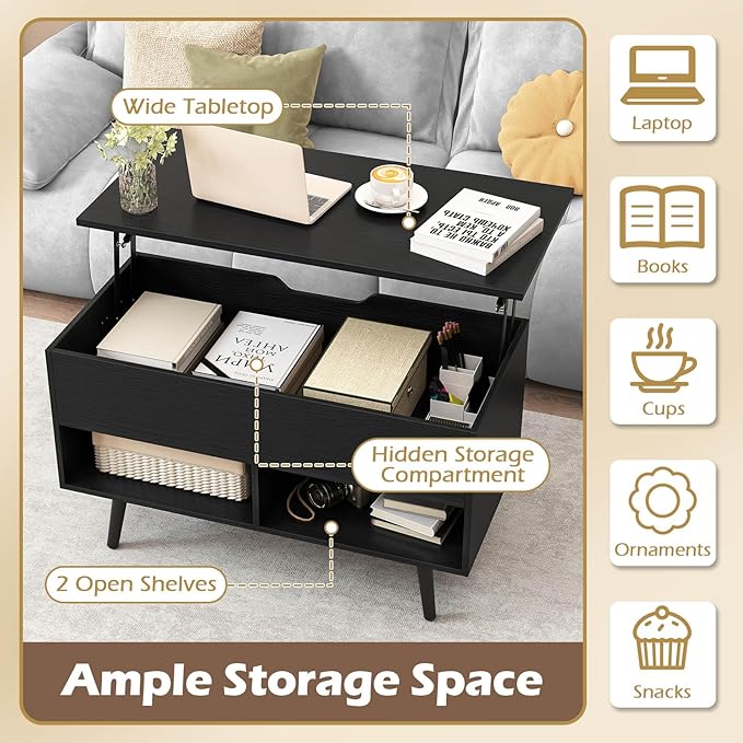 Giantex Lift Top Coffee Table, Modern Cocktail Table w/Hidden Compartment & 2 Open Shelves, Flip Top Center Table, Wooden Pull up Coffee Table for Living Room, Reception Room, Office (Black)