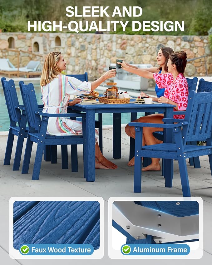 YEFU HIPS Patio Table Set: 10 Piece Outdoor Table and Chairs Dining Furniture Set with Umbrella Hole - Blue Modern Plastic Dining Sets 8 Person for Outside Deck with Metal Aluminum Frame - Image 4