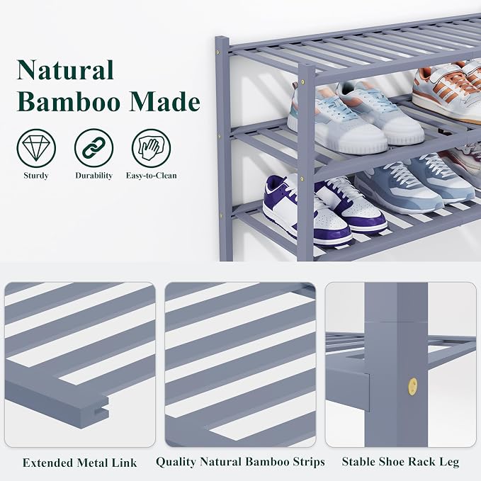 Smiry Shoe Rack, 5 Tier Thick Bamboo Shoe Organizer, Stackable Free Standing Wooden Shoe Storage Shelf for Closet, Entryway, Front Door Entrance, Grey - Image 3