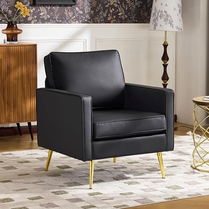 VINGLI Modern PU Leather Accent Chair, Single Sofa Chair with Pocket Coil Seat, Metal Backrest & Solid Wood Frame, Upholstered Armchair for Living Room, Bedroom or Office
