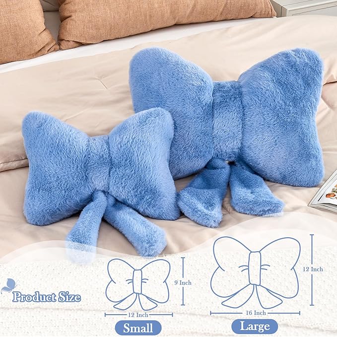 XVTRU Dusty Blue Bow Pillow, Soft Bow Decorative Pillows with Faux Rabbit Fur, Cute 12" Bow Throw Pillows, Aesthetic Home Decor Bow Shaped Plush Pillow for Bedroom Sofa Couch