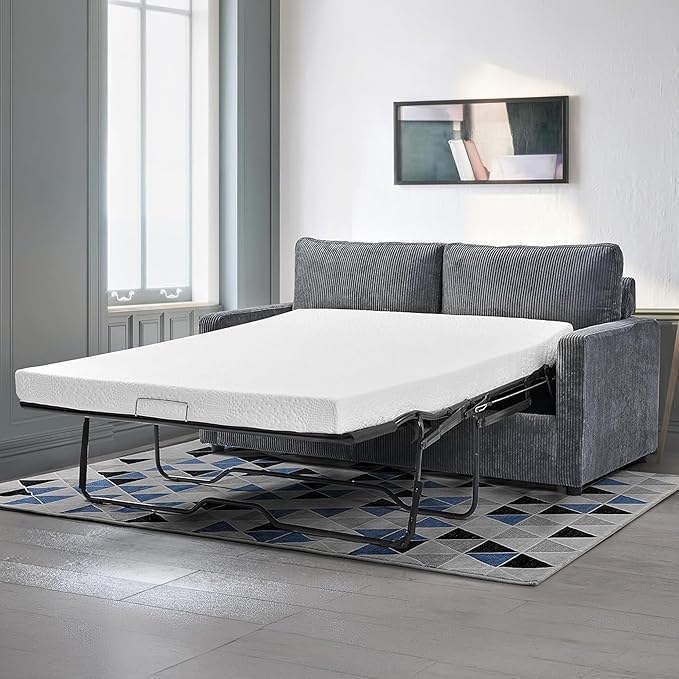Reversible Sleeper Sofa Bed with Comfortable Memory Foam Mattress, Convertible Corduroy Full Size Pull Out Couch for Living Room, Space Saving Furniture, 70" Wide, Rectangular Arms, Grey