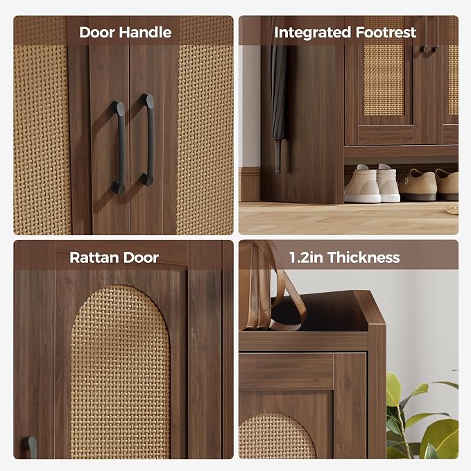 Mericonia Rattan Shoe Storage Cabinet, Farmhouse Shoe Cabinets Storage for Entryway, Boho Wooden Shoe Rack with 3 Doors for Entryway, Hallway (Walnut, 3 Door) - Image 3