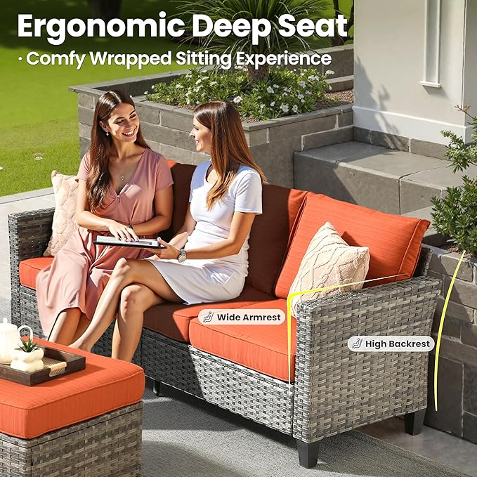 ovios Patio Furniture Set, 7 Pieces Outdoor Wicker Sofa Couch with 4 Chairs, Ottomans and Comfy Cushions, All Weather High Back Rattan Conversation Set, Orange Red