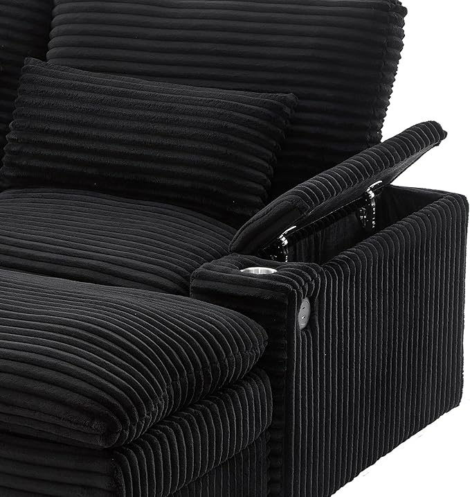 Modular Sectional Sofa Convertible Loveseat Couch,2-Seater Deep Seat Loveseat Sofas Fluffy Corduroy Cloud Couches with Movable Ottoman, Storage Armrest,USB Ports, Cup Holders