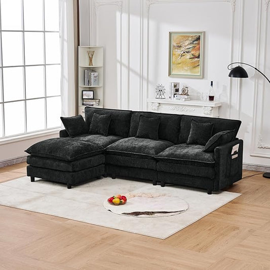 102" Modular Sectional Sofa, Premium Chenille Cloud Couch with Reversible Ottoman, L-Shaped Oversized Sofa with Side Storage Pockets for Multi-Scene Living Room & Home Office