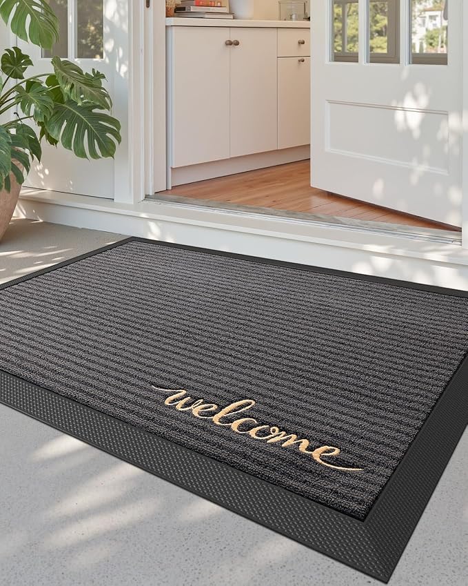 DEXI Front Door Mat Outside Entrance, 2x3 ft Rubber Entry Doormat Heavy Duty, Non Slip Welcome Mats for Inside House Floor Entryway Exterior Patio, Welcome Grey by DEXI