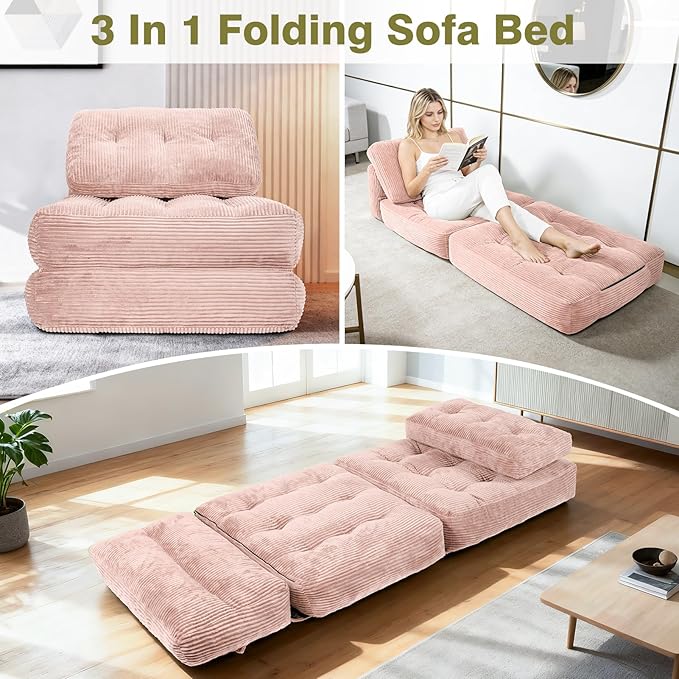 Art3d Folding Sofa Bed, Convertible Sleeper Sofa Bed with Pilow & Back Support, 3 in 1 Long Futon Boneless Couch, Comfy Floor Couch for Living Room, Bedroom, Light Pink