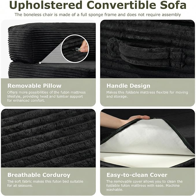 5-in-1 Convertible Sofa Bed, Boneless Couch Loveseat Sleeper with Removable Cushions & Washable Cover, Futon Sofa Bed with Handle, Pull Out Couch for Small Spaces, Full Size, Black