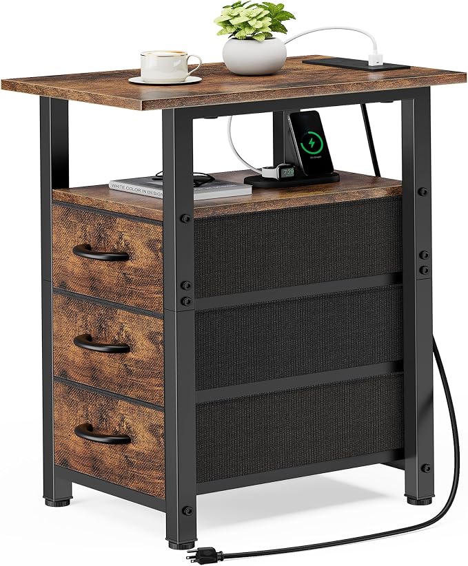 Vagusicc End Table with Charging Station, Narrow Side Table, Narrow Nightstand with 3 Fabric Drawers, Slim Sofa Side Table for Small Spaces, Small Night Stand for Bedroom, Rustic Brown by Vagusicc