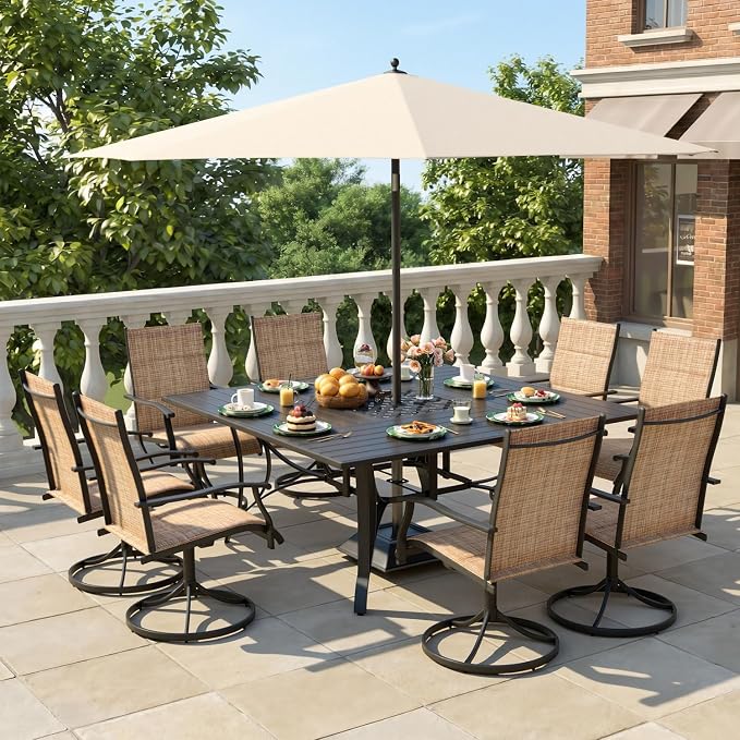 9 Pcs Patio Dining Set for 8, All Weather Outdoor Furniture Set, 59.6" Square Metal Dining Table with Umbrella Hole and 8 High Back Textilene Swivel Chairs for Deck Porch Lawn Poolside, Brown - Image 8