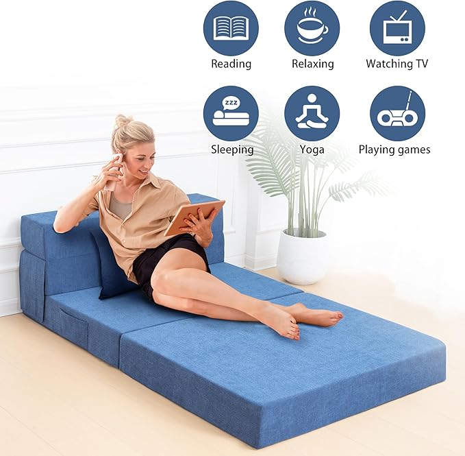 Folding Sofa Bed Chair with Pillow,Convertible Fold Out Chair Bed Sleeper,Foam Floor Mattress, Foldable Futon Couch Bed for Living Room/Dorm/Guest/Office (Blue, Twin XL)