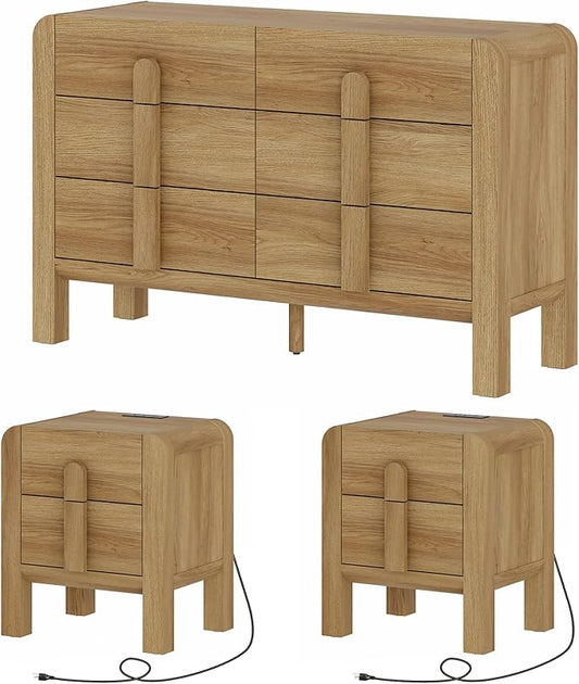 WAMPAT Dresser and Nightstand Sets, 47.2" W Mid Century Modern Chest of Drawers, Wood 6 Drawer Dresser & Nightstand with Charging Station, Curved Profile Design (Light Walnut, 3 PCS)