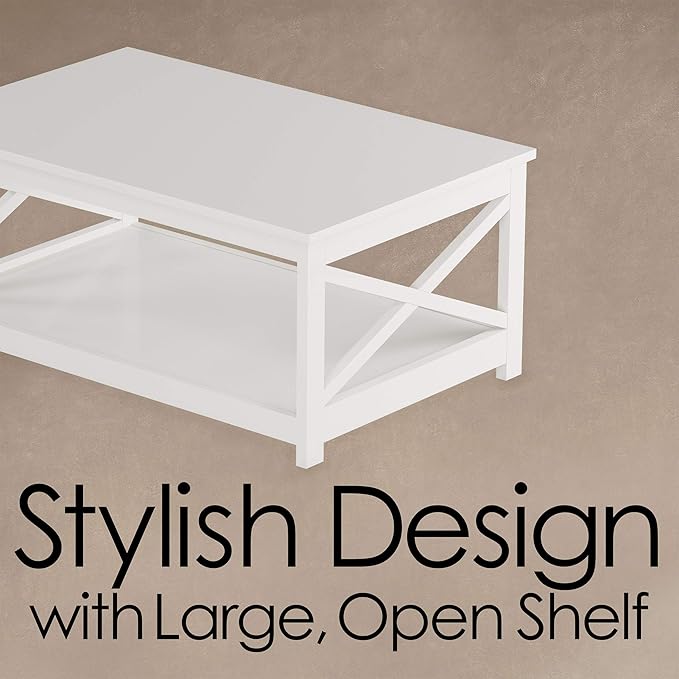 Coffee Table - 2-Tiered Wood Sofa Table - Low Profile and X-Leg Design Living Room Furniture for Storage, Display, or TV Stand by Lavish Home (White)